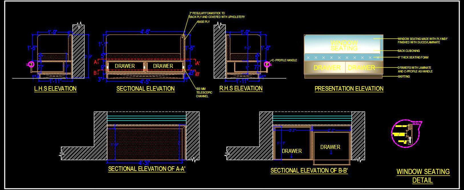 Window Seat-Bench with Storage CAD Drawing